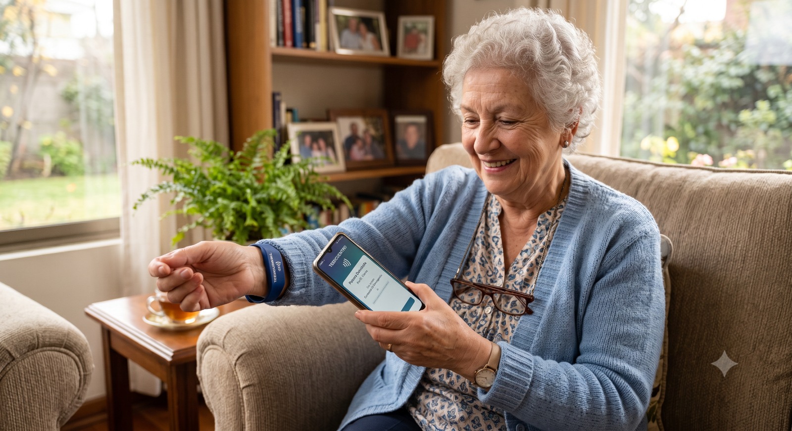 Adulta mayor mostrando cómo leer la pulsera NFC Teencuentro con el teléfono
